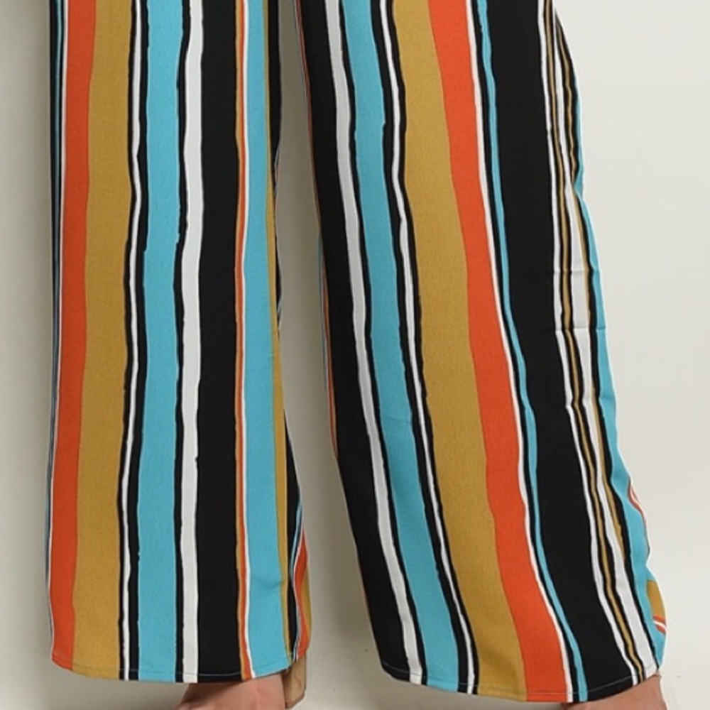 Blue Multi-color Stripe Strapless Elastic Waist Jumpsuit - Picture 3 of 8